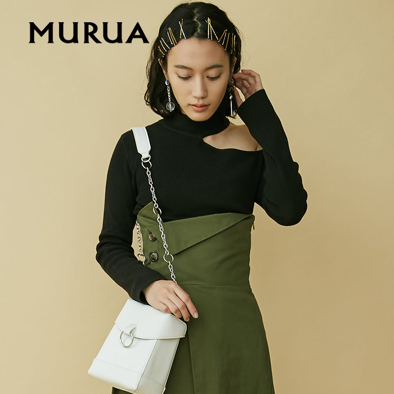 MURUA日本品牌日系露肩性感紧身修身撞色条纹针织衫毛衣女秋冬