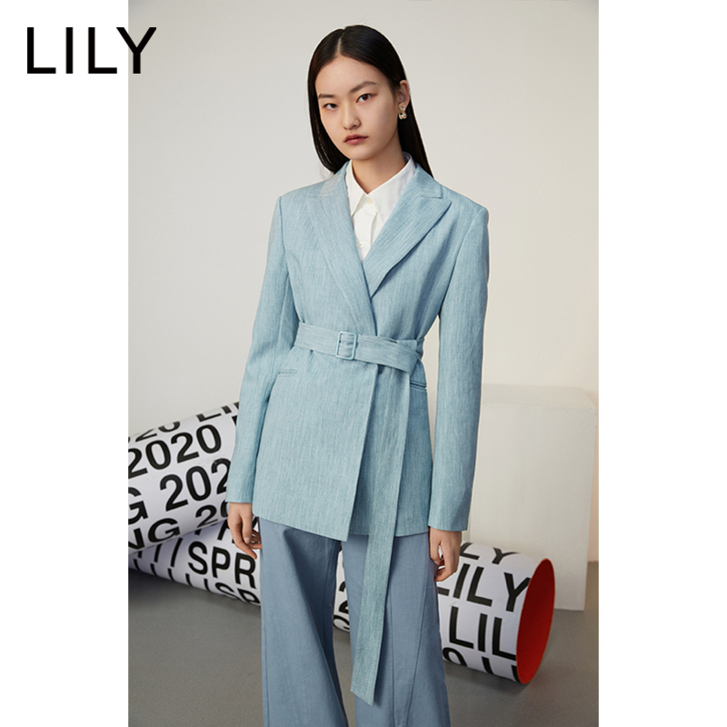 LILY2020春新款女装时髦柔彩系腰带修身驳领西装外套120130C2610