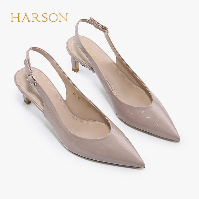 哈森2020夏新款牛皮革尖头后空单鞋 细高跟一字扣带凉鞋女HM01408