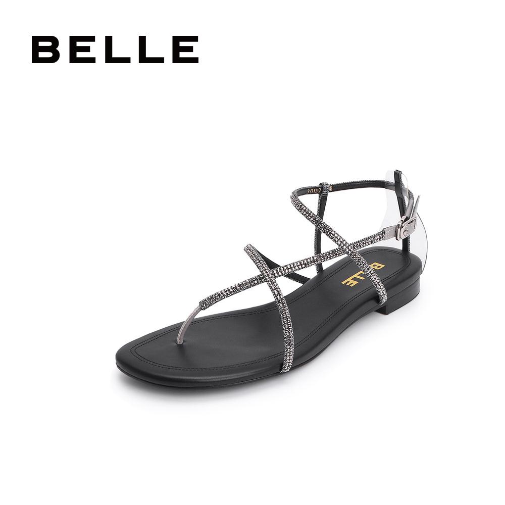 BELLE/百丽夹脚夏商场同款亮片布女皮凉鞋3O532BL9O,降价幅度20%