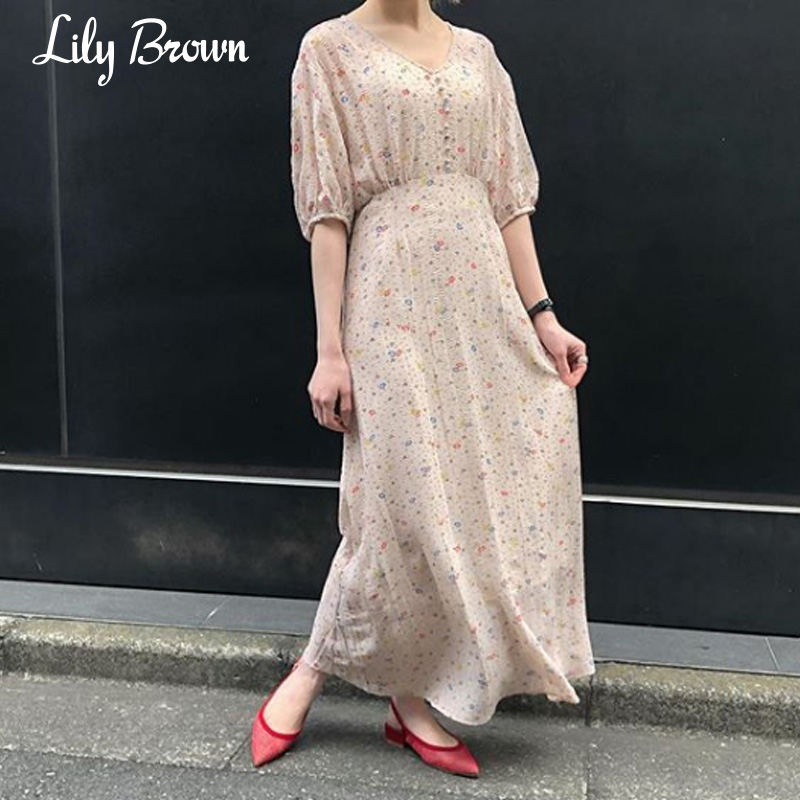 Lily Brown2019春夏新品 V领印花雪纺泡泡袖茶歇连衣裙LWFO191065