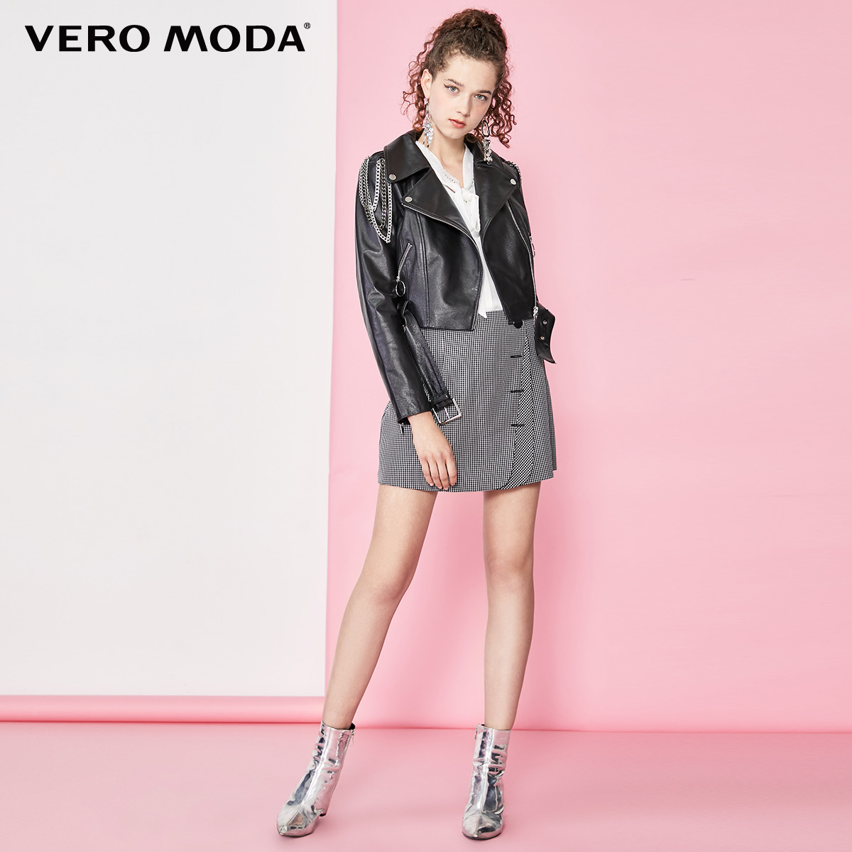 Vero Moda2019秋冬新款链条装饰猪皮革拉链皮衣女|319310509