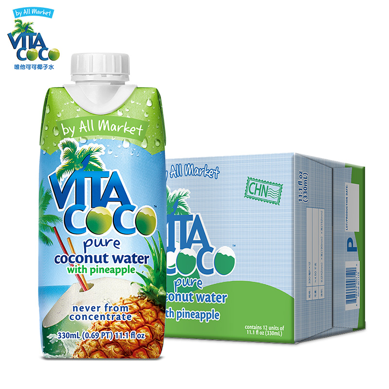 Vita Coco唯他可可椰子水饮料进口nfc青椰果汁330ml*12瓶 菠萝味 *2件,降价幅度24.6%