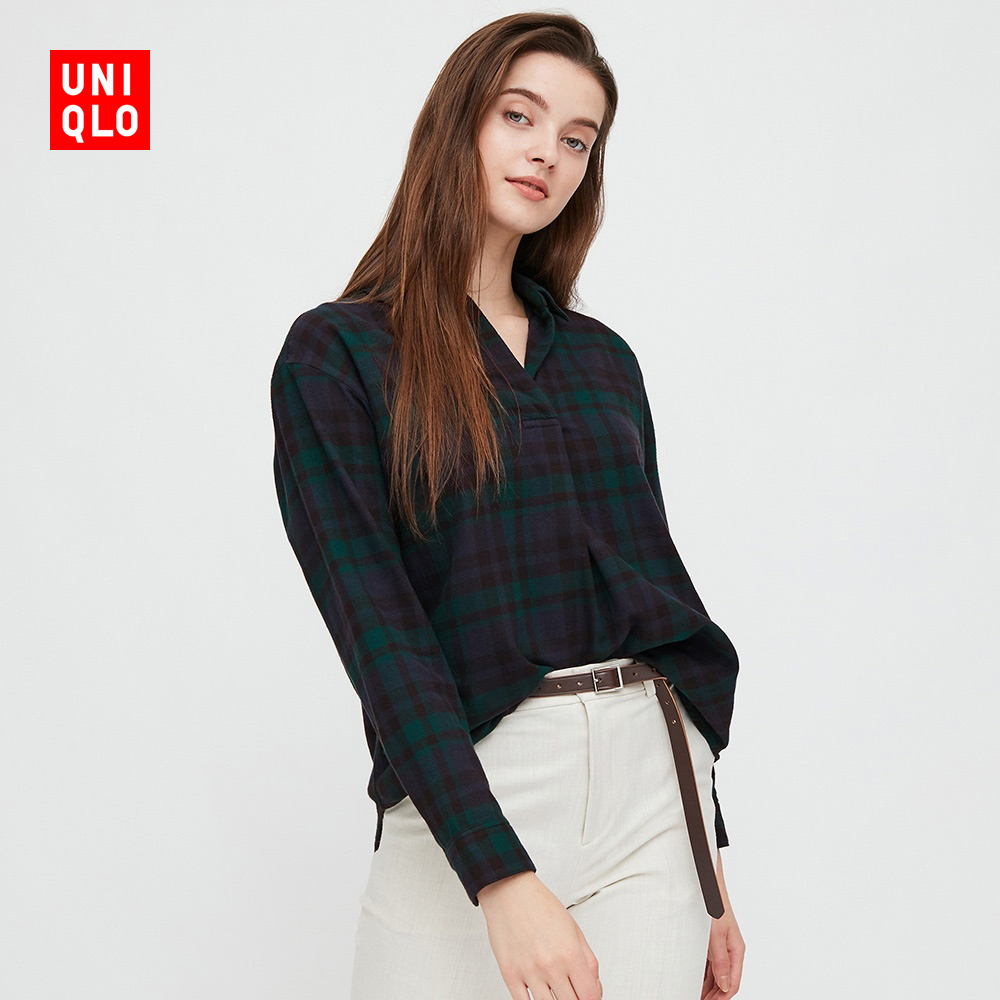 优衣库 女装 法兰绒格子半开领衬衫 432621 UNIQLO