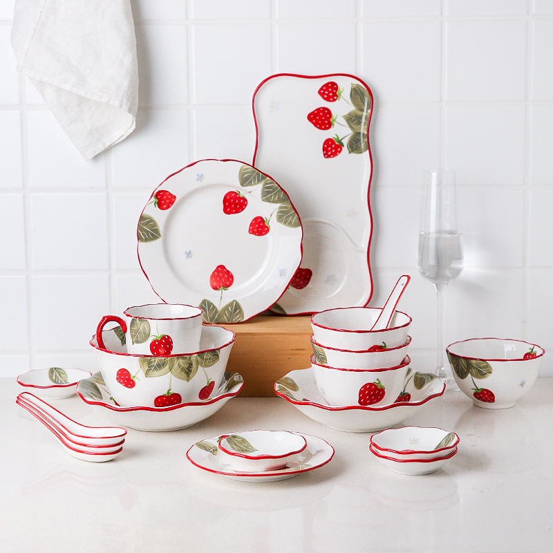 川岛屋可爱少女心草莓餐具碗碟套装盘子碗陶瓷饭碗菜盘家用汤碗盘