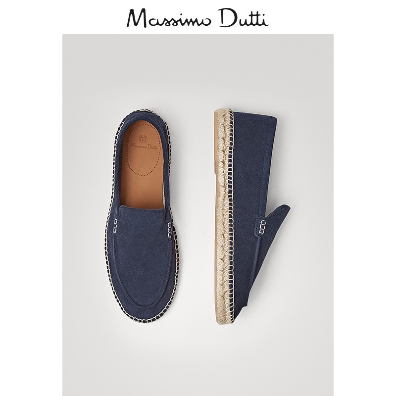 秋冬大促 Massimo Dutti 男鞋 叠式边缘设计绒面真皮草编鞋男士时尚便鞋 16906022400
