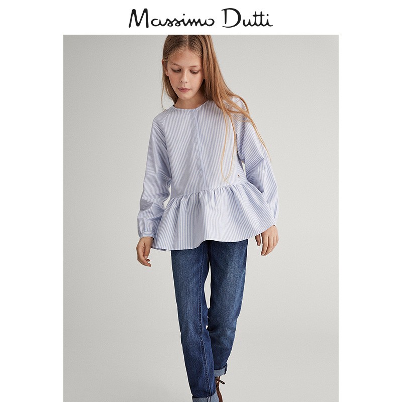 Massimo Dutti 女童 春夏新款荷叶边饰棉质条纹女孩衬衫长袖甜美上衣 05104025406