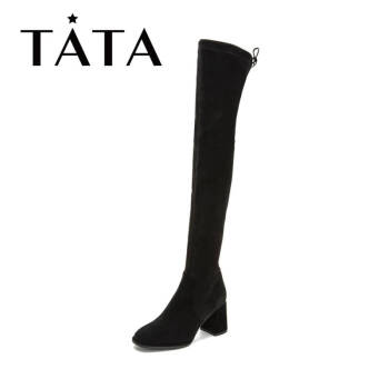 Tata/他她冬专柜同款黑色拼接粗高跟后绑带过膝靴女长靴DS661DC8 黑色 36,降价幅度29%