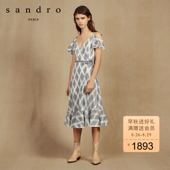 sandro2019春夏新款女装蕾丝V领褶皱条纹系带连衣裙R20677E 亮蓝色 38,降价幅度50%