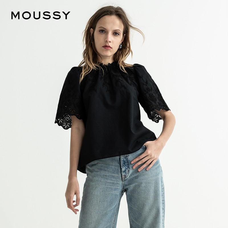 MOUSSY 19新品花边领刺绣镂空短袖衬衫女010CSS30-1270