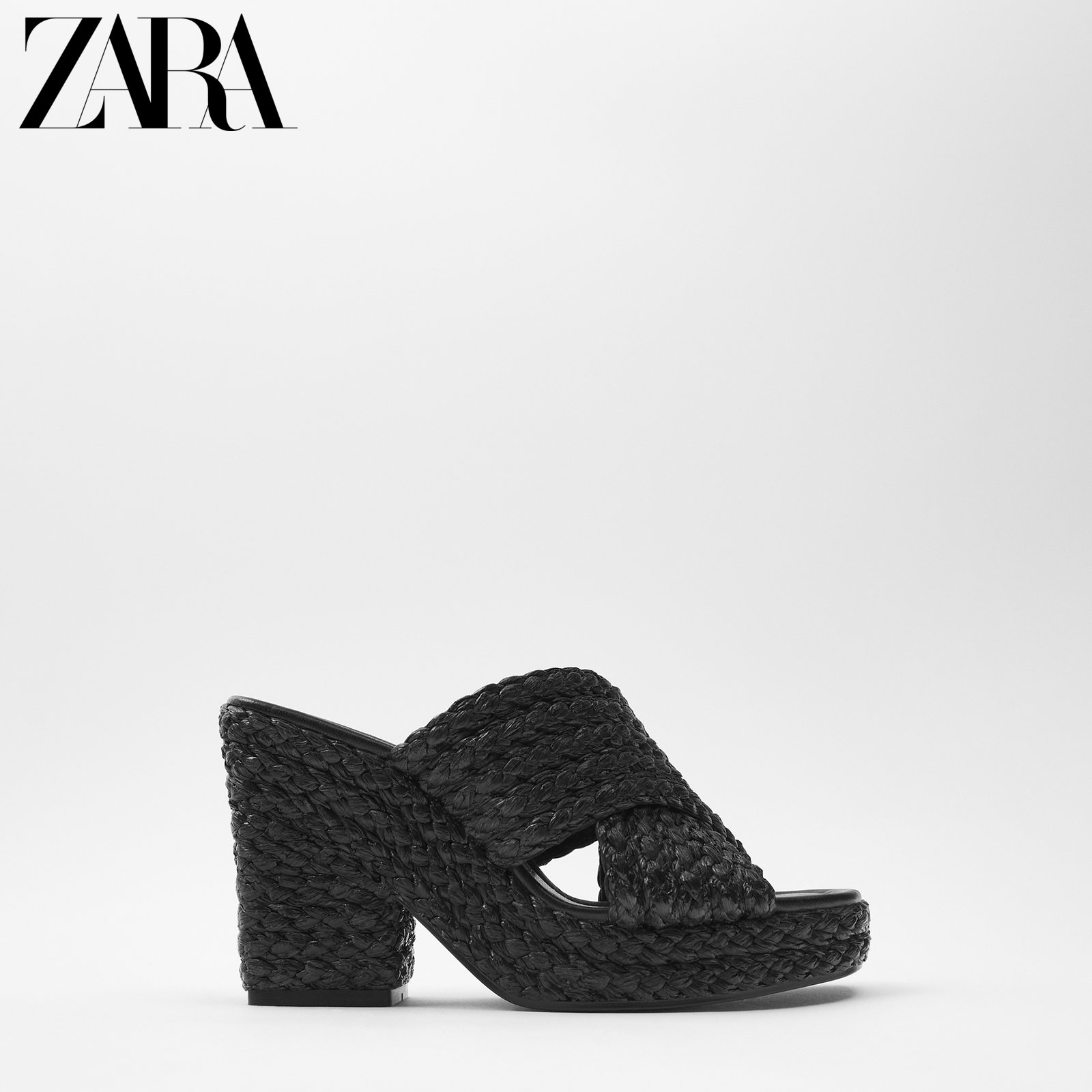 ZARA 新款 女鞋 黑色编织装饰方头粗跟高跟凉鞋 11323511040