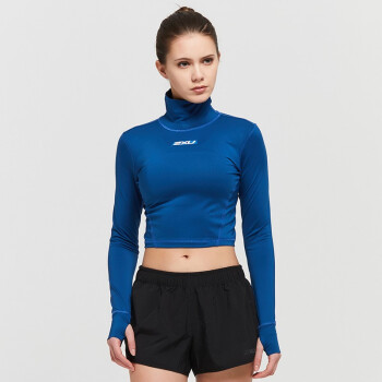 2XU紧身露脐运动装上衣女 春夏季短款长袖速干T恤性感瑜伽健身服 深蓝色 M,降价幅度50.1%