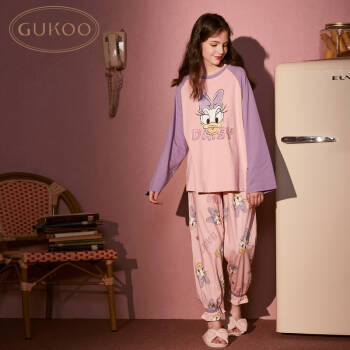 Gukoo/果壳迪士尼春秋女睡衣套装卡通可爱可外穿家居服全棉舒适春 紫色圆领女套装 M,降价幅度34.7%