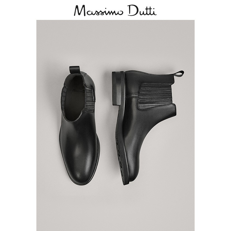 秋冬大促 秀场同款 Massimo Dutti 男鞋 黑色真皮弹性切尔西短靴 16016022800,降价幅度34.7%