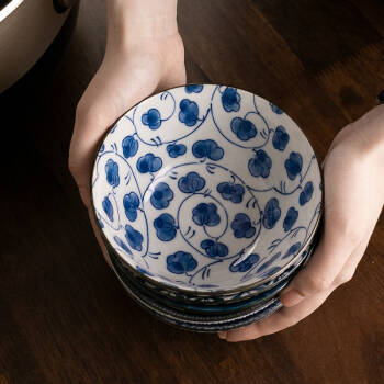 美浓烧（Mino Yaki） 日本进口 古染釉下彩复古5英寸饭碗家用陶瓷饭碗 菀花唐草(单个) *3件