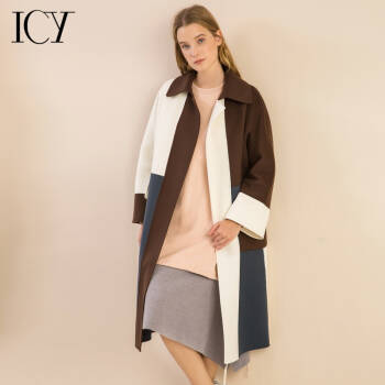 icy2019新款撞色双面呢大衣女简约宽松纯羊毛呢子大衣中长款风衣外套 深咖 S,降价幅度43.3%