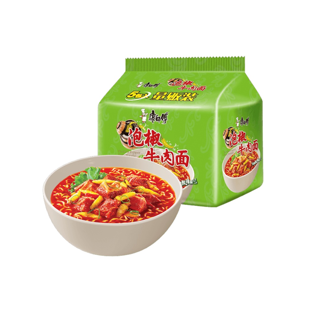 康師傅方便麵小米泡椒食品牛肉麵99g*5袋裝泡麵速食麵即食麵 *2件