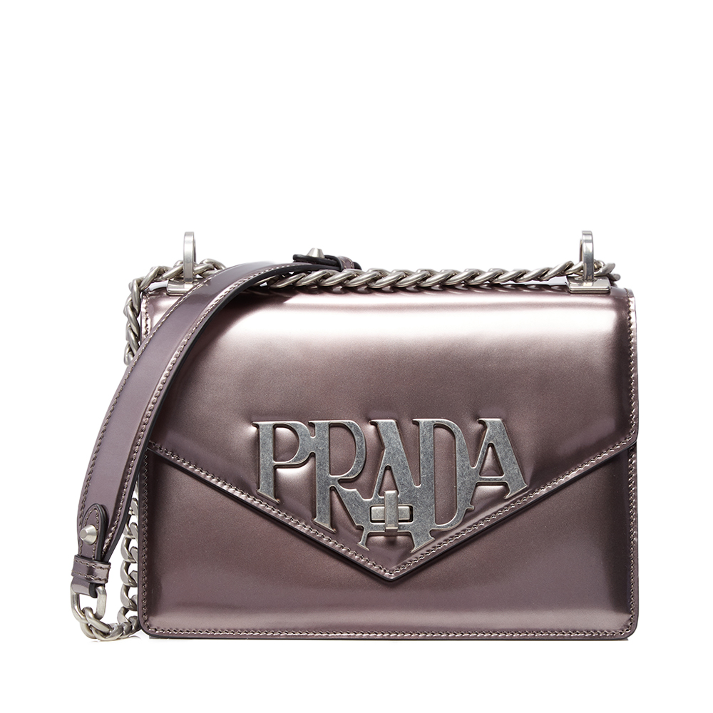 prada/普拉达 logo deco'系列银灰色牛皮徽标饰链条女包