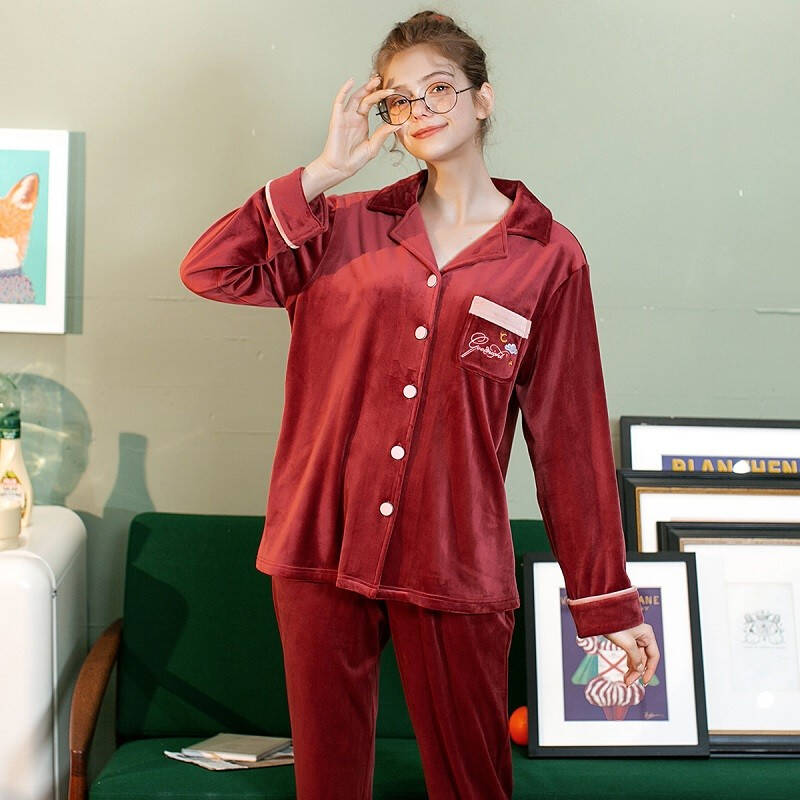 芬腾 珊瑚绒睡衣女秋冬新款长袖开衫翻领海岛绒家居服睡衣女学生 贵族红 XL